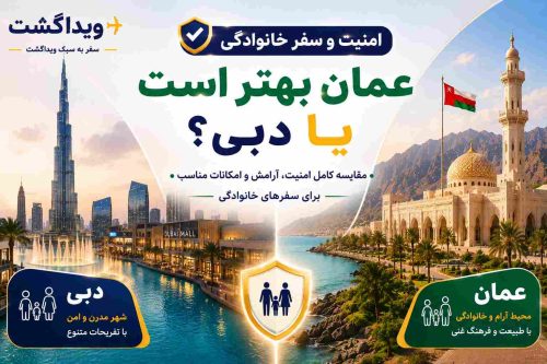 بنر مقایسه امنیت و سفر خانوادگی در عمان و دبی با تصویر برج خلیفه، مسجد سلطان قابوس، خانواده در سفر و لوگوی ویداگشت