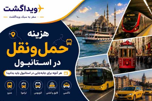 بنر هزینه حمل‌ونقل در استانبول با تصاویر مترو، تراموا، اتوبوس، کشتی، تاکسی و جاذبه‌های معروف استانبول همراه با لوگوی ویداگشت
