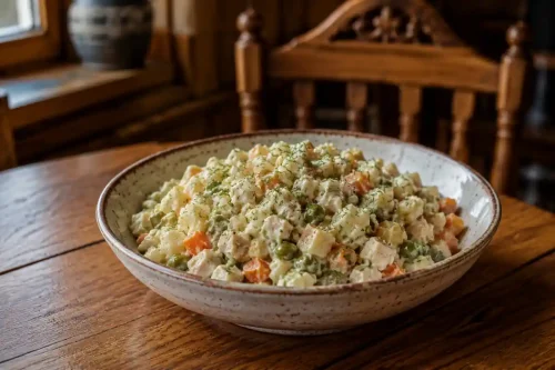سالاد الویه روسی با سیبزمینی، مرغ، نخودفرنگی و هویج