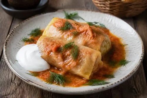 گولوبتسی روسی با گوشت، برنج، سس گوجهفرنگی و خامه ترش