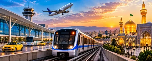 تصویر مترو فرودگاه مشهد در کنار فرودگاه بینالمللی شهید هاشمینژاد و حرم امام رضا با گنبد طلایی و گلدستههای حرم