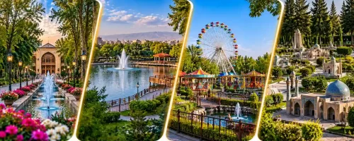 تصویر ترکیبی باغ ملی مشهد، پارک وحدت، پارک چهلبازه و پارک مینیاتوری با جداکنندههای طلایی
