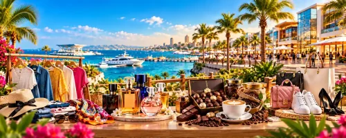 خرید ارزان در کیش شامل پوشاک و لباس، عطر و ادکلن، شکلات، قهوه، کیف و کفش با نمایی از مراکز خرید ساحلی جزیره کیش
