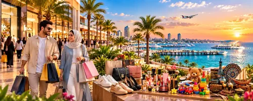 بهترین زمان برای خرید ارزان در کیش با نمایی از زوج گردشگر در مراکز خرید ساحلی، فروشگاههای متنوع و غروب زیبای جزیره کیش