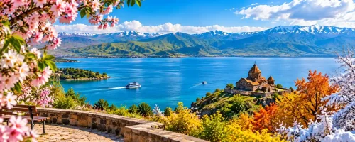 منظره دریاچه سوان ارمنستان در فصلهای مختلف با شکوفههای بهاری، طبیعت تابستانی، برگهای پاییزی، برف زمستانی و صومعه تاریخی سواناوانک