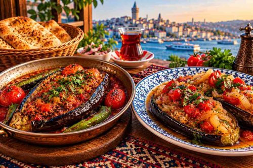 کارنی‌یاریک و امام بایلدی ترکی با بادمجان، گوجه، پیاز و سبزیجات