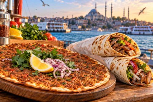 لاهماجون و دوروم ترکی با گوشت، سبزیجات، پیاز و لیمو