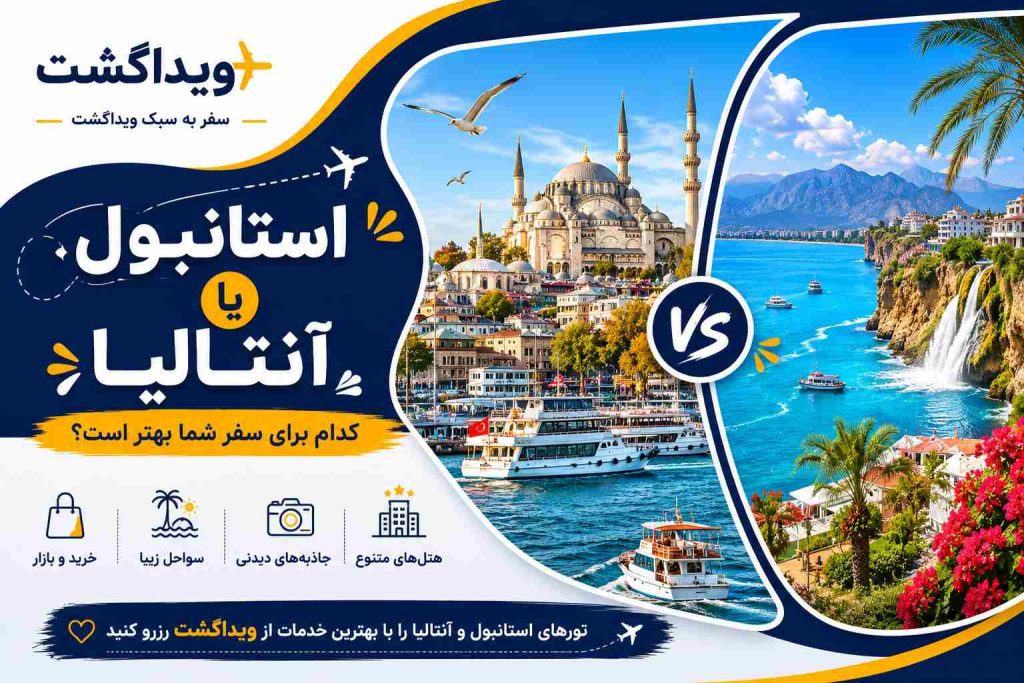 بنر مقایسه استانبول و آنتالیا از نظر خرید، جاذبه‌های دیدنی، هتل‌ها، سواحل، آب‌وهوا و هزینه سفر با ویداگشت