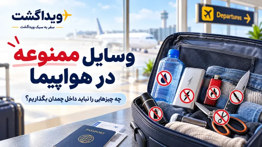 وسایل ممنوعه در هواپیما شامل پاوربانک، مایعات، وسایل تیز و مواد خطرناک که نباید داخل چمدان یا کیف دستی قرار بگیرند